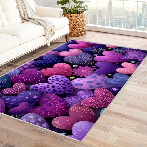 PUSRDEO Digitale Kunst Pflanzen Teppich Herzform Maschinenwaschbarer Teppich Innen Für Starke Beanspruchung Korridor Küche(Lila)-240x300cm von PUSRDEO