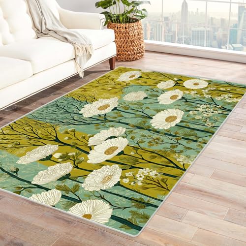PUSRDEO Digitale Pflanzen Kunst Teppich BlüTen Für Küche Eingangsbereich Arbeitszimmer Mit Antirutsch Rücken Dicke Ausführung(GrüN)-210x270cm von PUSRDEO