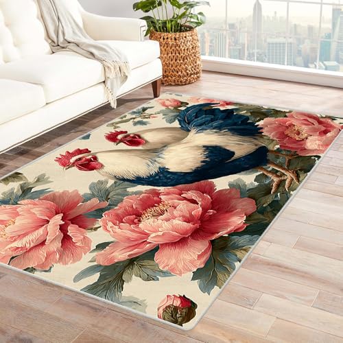 PUSRDEO Digitale Pflanzen Kunst Teppich Weißes Huhn Für Innenräume Wie Küche Arbeitszimmer Mit Weicher Textur Und Schnelltrocknend(Weiß)-150x180cm von PUSRDEO