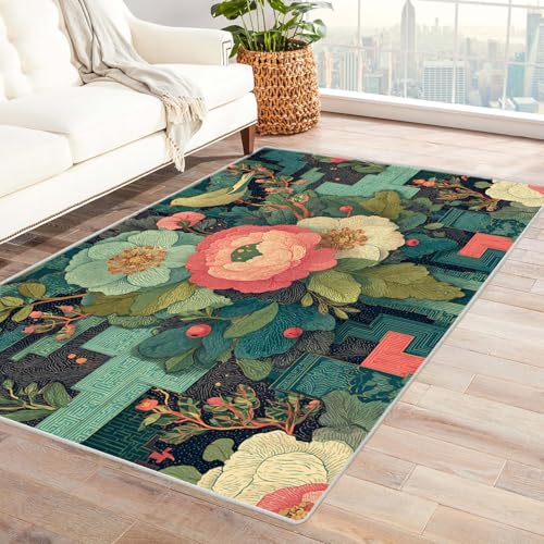 PUSRDEO Digitale Pflanzen Muster Teppich Blumenwand Für Essbereich Wohnbereich Schlafzimmer Antirutsch Rücken Robust Pflegeleicht(GrüN)-120x150cm von PUSRDEO