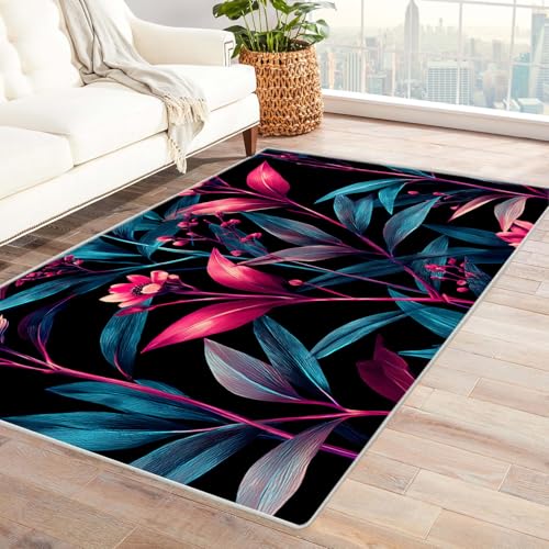 PUSRDEO Digitale Symmetrie Fantasie Teppich Blumenzweige Maschinenwaschbarer Teppich Kurze Florhöhe Für Viel Genutzte Bereiche(Rot)-150x210cm von PUSRDEO