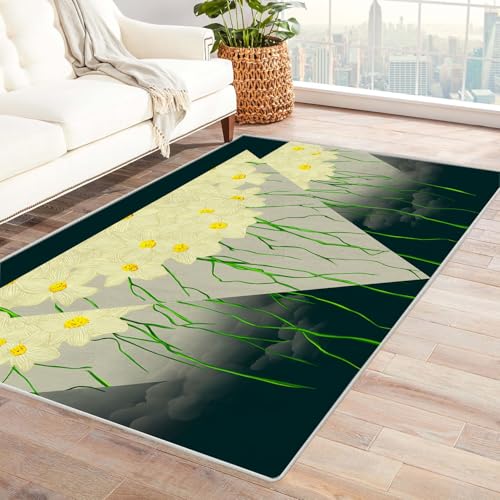 PUSRDEO Digitale Symmetrie Fantasie Teppich Narzissen Maschinenwaschbarer Teppich Kurze Florhöhe Für Viel Genutzte Bereiche(Weiß)-210x270cm von PUSRDEO