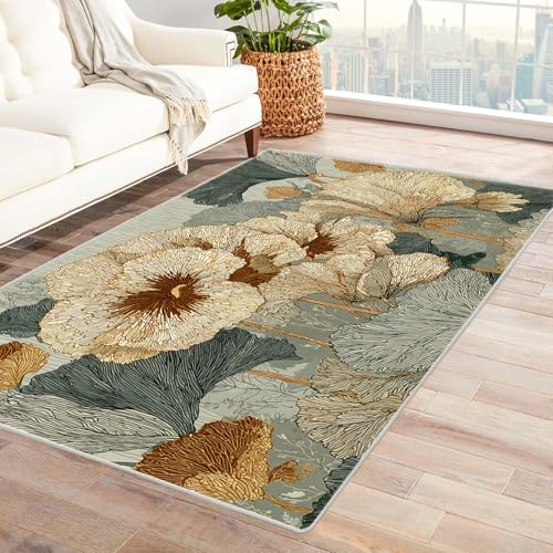 PUSRDEO Fantastischer Mikro Pflanzen Teppich BlüTen Für Esszimmer Wohnzimmer Gästezimmer Anti-Rutsch Rückseite Robust Pflegeleicht Kurze Flor(Weiß)-150x240cm von PUSRDEO