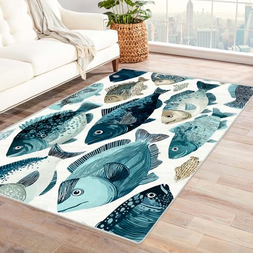 PUSRDEO Fantastischer Mikro Pflanzen Teppich Fisch Für Esszimmer Wohnzimmer Gästezimmer Anti-Rutsch Rückseite Robust Pflegeleicht Kurze Flor(Blau)-150x210cm von PUSRDEO