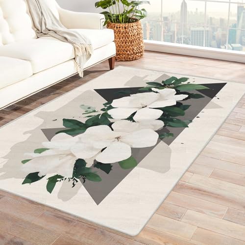 PUSRDEO Fantastischer Mikro Pflanzen Teppich Magnolie Für Esszimmer Wohnzimmer Gästezimmer Anti-Rutsch Rückseite Robust Pflegeleicht Kurze Flor(Weiß)-120x150cm von PUSRDEO