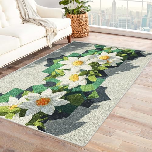 PUSRDEO Fantastischer Mikro Pflanzen Teppich Seerosen Haustierfreundlich Schmutzabweisend Atmungsaktiv Kurzflor Für Wohnbereich(Weiß)-210x270cm von PUSRDEO