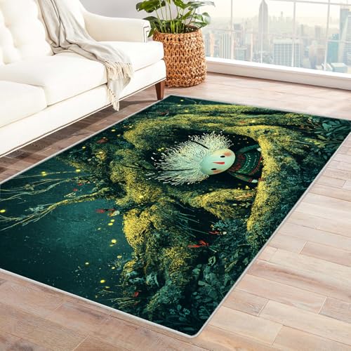 PUSRDEO Fantasy Cartoon Tiere Design Teppich Baumgeist Maschinenwaschbar Schnell Trocknend Weich Unterfüßig Für Eingangsbereich Flur(Green)-150x180cm von PUSRDEO