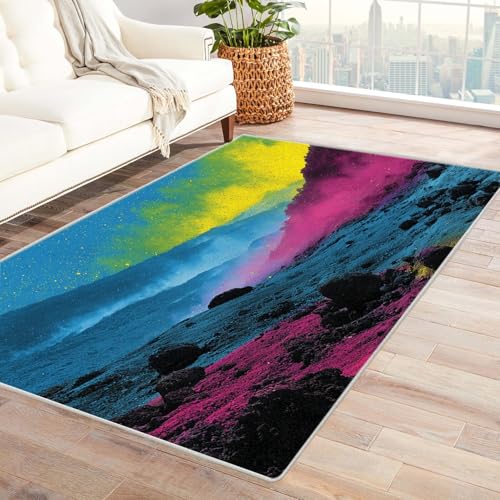 PUSRDEO Farbenfroher 3D Teppich Stil Tal Für Studio Arbeitsraum Wohnbereich Mit Gummi Rückseite Anti-Rutsch Fest Bequem(blau)-120x180cm von PUSRDEO