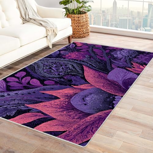 PUSRDEO Floraler Druck Teppich in Lebendigen Farben Blüten und Blätter Mit Rutschhemmender Unterseite Dick Polsternd Pflegeleicht Für Korridor(blau)-150x240cm von PUSRDEO