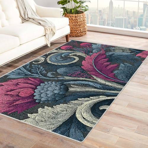 PUSRDEO Floraler Druck Teppich in Lebendigen Farben Blumenmuster Maschinenwaschbar Innenbereich Hohe Belastbarkeit Weich Hautfreundlich(Golden)-150x210cm von PUSRDEO