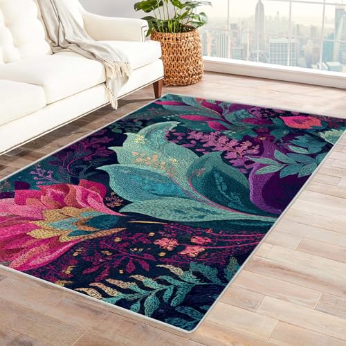 PUSRDEO Floraler Druck Teppich in Lebendigen Farben Weiß Flauschig Perfekt Für Esszimmer Flur Balkon Mit Und Einfacher Reinigung(schwarz)-150x210cm von PUSRDEO