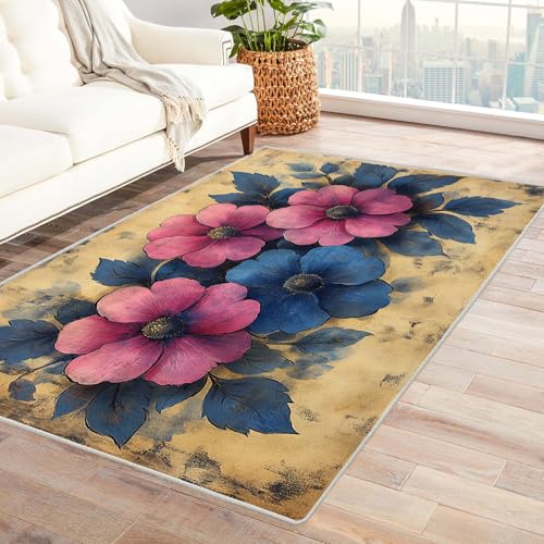PUSRDEO Floraler Handgemalter Teppich Kunst Design Rosa Blume Maschinenwaschbar Schnelltrocknend Weicher Griff Für Flur Eingang Hohe(Brown)-210x270cm von PUSRDEO