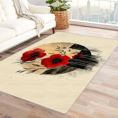 PUSRDEO Floraler Handgemalter Teppich Kunst Design White Space Rote Blume Mit Anti-Rutsch Unterseite Dick Ausgepolstert Pflegeleicht Für Diele(Brown)-90x150cm von PUSRDEO