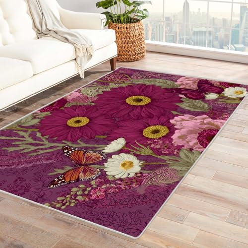 PUSRDEO Floraler Kunstdruck Teppich Modern Blumenmuster Maschinenwaschbar Schnell Trocknend Weich Unterfüßig Für Eingangsbereich Flur(lila)-90x120cm von PUSRDEO