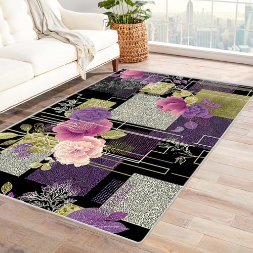 PUSRDEO Floraler Teppich mit Gemälde Optik Weinstock Für Esszimmer Wohnzimmer Gästezimmer Anti-Rutsch Rückseite Robust Pflegeleicht Kurze Flor(lila)-90x120cm von PUSRDEO