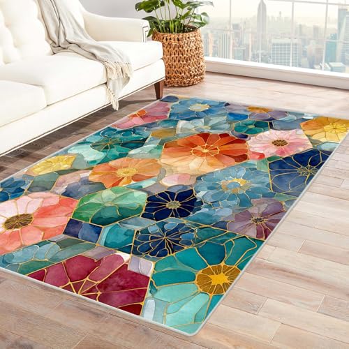PUSRDEO Geometrisch Abstrakter Teppich Hexagon Mit Antirutsch Unterseite Dicke Polsterung Pflegeleicht Für Korridor(Blue)-150x210cm von PUSRDEO