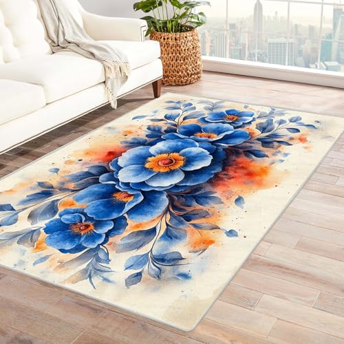 PUSRDEO Handgemaltes Pflanzen Kunstwerk Teppich Modell Blaue Blumen Kurzflor Teppich Maschinenwaschbar Fleckenresistent Für Viel Begangene Zonen(White)-210x270cm von PUSRDEO