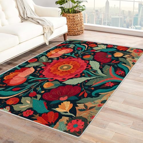PUSRDEO Handgemaltes Pflanzen Kunstwerk Teppich Modell Bunte Blumen rutschfeste Basis Dicke Qualität Leicht Rein Für Studio Küchennische Haltbar(Colorful)-150x210cm von PUSRDEO