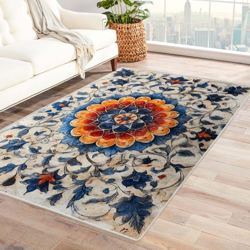 PUSRDEO Ikat Design Floraler Kunst Teppich Wohnbereich Blumenmuster Mit Rutschhemmender Unterseite Dick Polsternd Pflegeleicht Für Korridor(White)-150x180cm von PUSRDEO