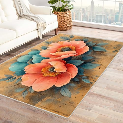PUSRDEO Ikat Kunst Teppich Mit Pflanzen Abbildung Blumenmuster Für Arbeitszimmer Studio Wohnbereich Mit Gummirücken Anti-Rutsch Dick Haltbar(Brown)-90x120cm von PUSRDEO