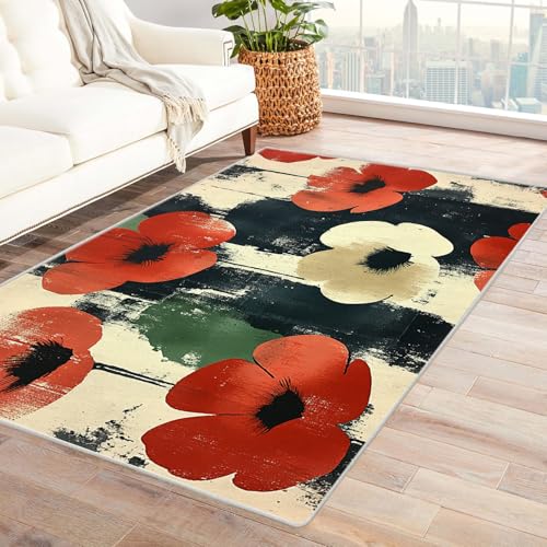 PUSRDEO Ikat Kunst Teppich Mit Pflanzen Abbildung Flache Blume Für Arbeitszimmer Studio Wohnbereich Mit Gummirücken Anti-Rutsch Dick Haltbar(Brown)-150x210cm von PUSRDEO