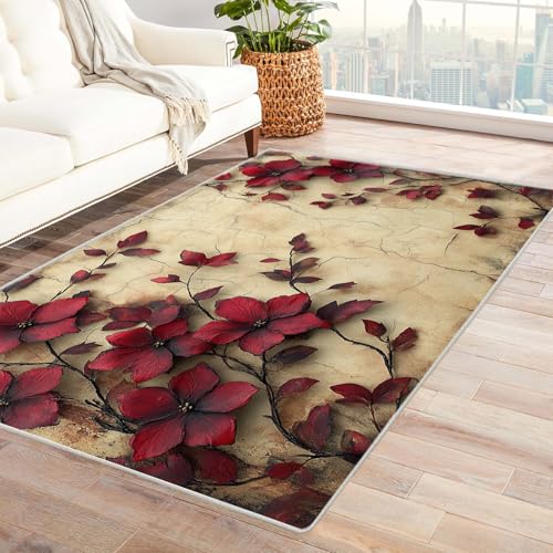 PUSRDEO Ikat Kunst Teppich Mit Pflanzen Abbildung Rote Blume 3D Atmungsaktiv Für Haustiere Kurzflor Robust Für Wohnbereich Essbereich Fleckensicher(Brown)-90x120cm von PUSRDEO