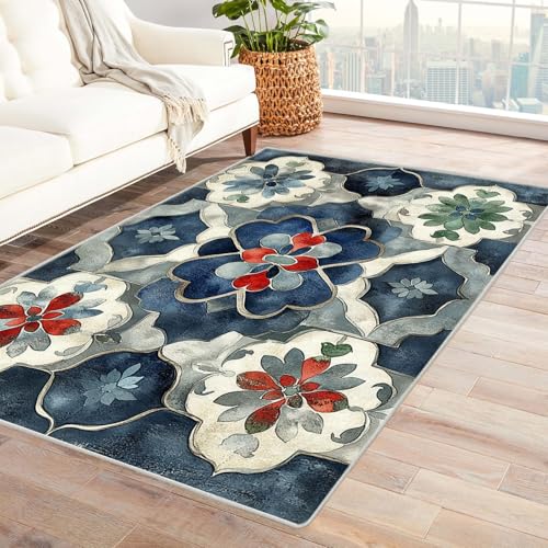 PUSRDEO Ikat Muster Floral Teppich Für Wohnräume Blumen Für Innenbereich Balkon Terrasse Kurzflorig Strapazierfähig Rutschsicher(Brown)-150x180cm von PUSRDEO