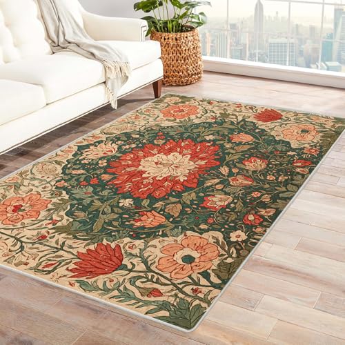 PUSRDEO Ikat Muster Floral Teppich Für Wohnräume Fantasie-Blumen Dicker Flor Weich Gemütlich Rutschsicher Leicht Sauber Für Küchen Flur Bereich(Green)-150x180cm von PUSRDEO