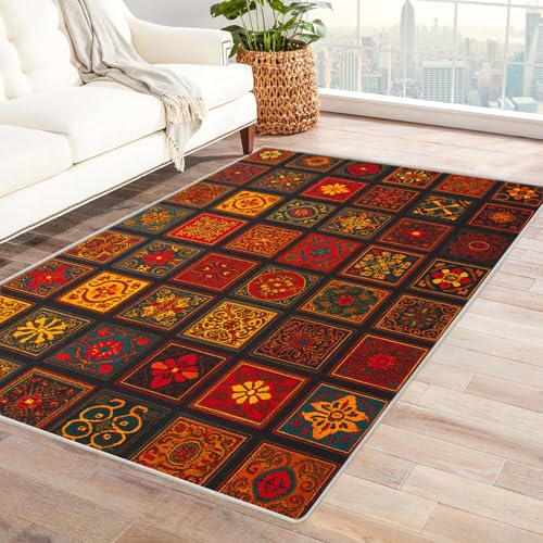 PUSRDEO Kreativer Karo Patchwork Teppich Prunkiges Muster Für Studio Werkstatt Wohnbereich Mit Gummibeschichtung rutschfest Stabil Bequem(Rot)-120x180cm von PUSRDEO