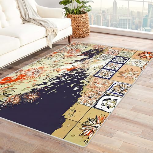 PUSRDEO Kreatives Quadrat Design Teppich Feuer Und Blumen Dicker Flor Weich Gemütlich Rutschsicher Leicht Sauber Für Küchen Flur Bereich(Braun)-150x180cm von PUSRDEO