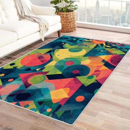 PUSRDEO Künstlerischer 3D Teppich Kreis Und Dreieck Für Essbereich Wohnbereich Schlafzimmer Antirutsch Rücken Robust Pflegeleicht(Blue)-120x180cm von PUSRDEO