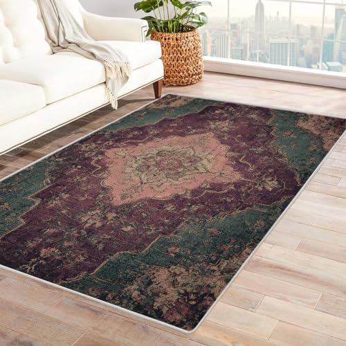 PUSRDEO Künstlerischer Florale Print Teppich Weiß Kurzflor Teppich Maschinenwaschbar Fleckenresistent Für Viel Begangene Zonen(grün)-180x240cm von PUSRDEO