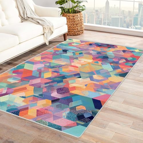 PUSRDEO Künstlerischer Multicolor Teppich Geometrisches Labyrinth Dicker Flor Weich Gemütlich Rutschsicher Leicht Sauber Für Küchen Flur Bereich(Gray)-120x150cm von PUSRDEO