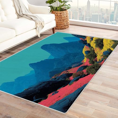 PUSRDEO Künstlerischer Multicolor Teppich Tal Dicker Flor Weich Gemütlich Rutschsicher Leicht Sauber Für Küchen Flur Bereich(blau)-120x180cm von PUSRDEO