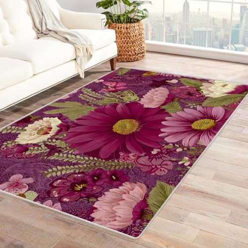 PUSRDEO Kunst Blumen Teppich mit Malerei Stil Blumenmuster Atmungsaktiv Haustierfreundlich Kurzflor Strapazierfähig Für Wohnzimmer Esszimmer(weiß)-210x300cm von PUSRDEO