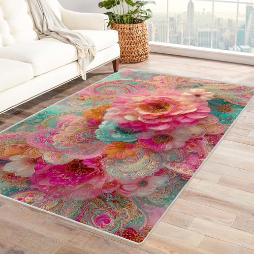 PUSRDEO Kunstvoller Blumenteppich Lebendig Lila Blüten Kurzflorig Teppich Maschinenwaschbar Schmutzunempfindlich Für Starke Nutzung(lila)-150x180cm von PUSRDEO