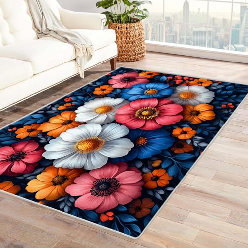 PUSRDEO Kunstvoller Botanik Teppich Handgefertigt Stil Blumen Blau Für Küche Eingangsbereich Arbeitszimmer Mit Antirutsch Rücken Dicke Ausführung(Colorful)-210x270cm von PUSRDEO