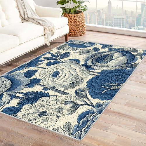 PUSRDEO Kunstvoller Botanik Teppich Handgefertigt Stil Kunst Blumen Atmungsaktiv Haustierfreundlich Kurzflor Strapazierfähig Für Wohnzimmer Esszimmer(Blue)-150x240cm von PUSRDEO