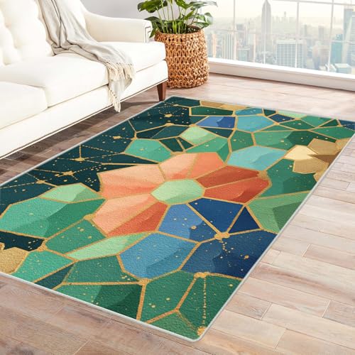 PUSRDEO Kuscheliger Karo Teppich Mit Cartoon Design Blumen geometrisch Maschinenwaschbarer Innen Teppich Für Hohe Beanspruchung Flur Küche Einfache(Green)-90x150cm von PUSRDEO