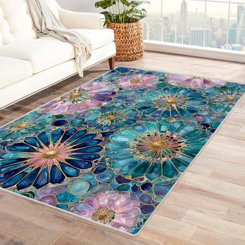 PUSRDEO Kuscheliger Karo Teppich Mit Cartoon Design Blumenmuster Mit Anti-Rutsch Unterseite Dick Ausgepolstert Pflegeleicht Für Diele(Blue)-180x240cm von PUSRDEO