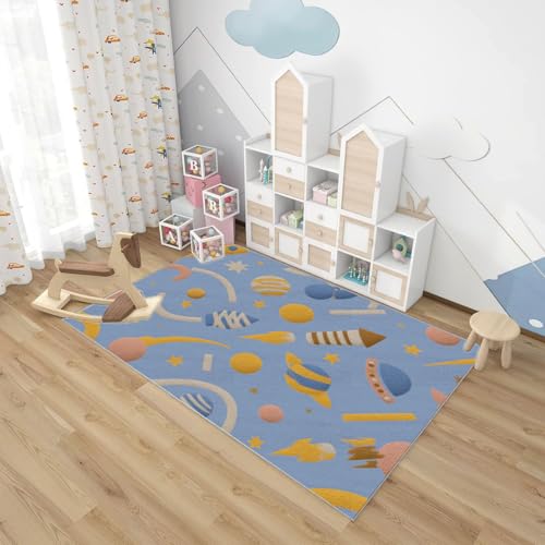 PUSRDEO Kuscheliger Karo Teppich Mit Cartoon Design Raum Maschinenwaschbarer Teppich Kurze Florhöhe Für Viel Genutzte Bereiche(Blue)-90x120cm von PUSRDEO