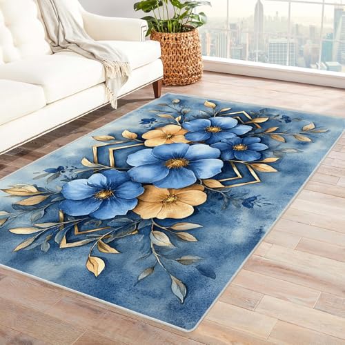 PUSRDEO Lebendiges Pflanzenmuster Handgemalt Kunst Teppich Kleine Blaue Blumen Maschinenwaschbarer Innen Teppich Für Hohe Beanspruchung Flur Küche Einfache(Blue)-120x180cm von PUSRDEO