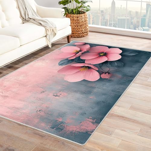 PUSRDEO Lebendiges Pflanzenmuster Handgemalt Kunst Teppich Rosa Blume 3D Für Wohnzimmer Büro Flur rutschfeste Gummirücken Dick Strapazierfähig(Light Blue)-150x180cm von PUSRDEO