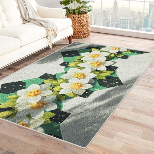 PUSRDEO Makro Pflanzen Design Teppich Jasmin Maschinenwaschbar Schnelltrocknend Weicher Griff Für Flur Eingang Hohe(Weiß)-150x240cm von PUSRDEO