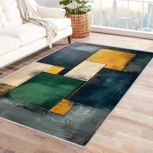 PUSRDEO Moderne Abstrakte Teppich Kollektion BlöCke Mit Rutschhemmender Unterseite Dick Polsternd Pflegeleicht Für Korridor(Green)-150x180cm von PUSRDEO