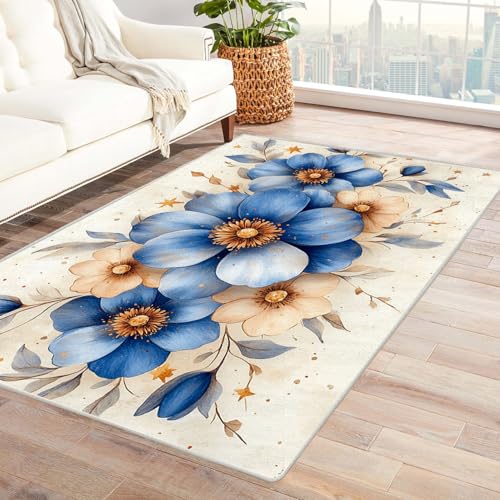 PUSRDEO Moderner Ikat Teppich Mit Pflanzenmotiv Blumen Pflegeleicht Kurzflorig Haustierfreundlich Fleckenresistent Atmungsaktiv(White)-90x150cm von PUSRDEO