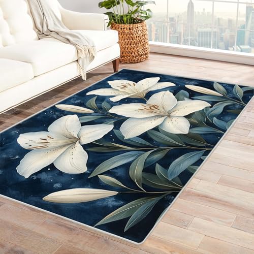 PUSRDEO Moderner Ikat Teppich Mit Pflanzenmotiv Weiße Blume Rutschfester Untergrund Dicke Ausführung Leicht Reinigbar Für Studio(Dark Blue)-120x150cm von PUSRDEO