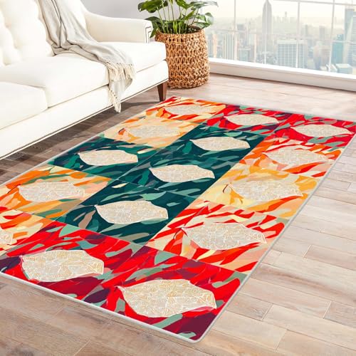 PUSRDEO Moderner Karo Patchwork Teppich Kopieren Der BläTter Für Arbeitszimmer Studio Wohnbereich Mit Gummirücken Anti-Rutsch Dick Haltbar(GrüN)-150x240cm von PUSRDEO