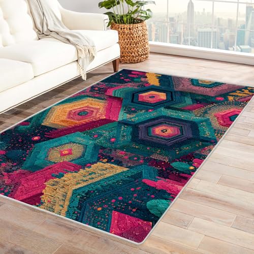 PUSRDEO Moderner Kunst Teppich Look Hexagon rutschfeste Ausführung Dicke Qualität Leicht Reinigbar Für Arbeitszimmer(White)-90x150cm von PUSRDEO
