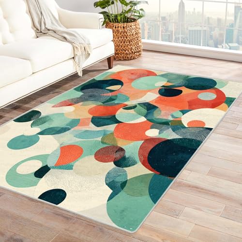 PUSRDEO Moderner Kunst Teppich Look Kreis rutschfeste Ausführung Dicke Qualität Leicht Reinigbar Für Arbeitszimmer(Red)-90x150cm von PUSRDEO
